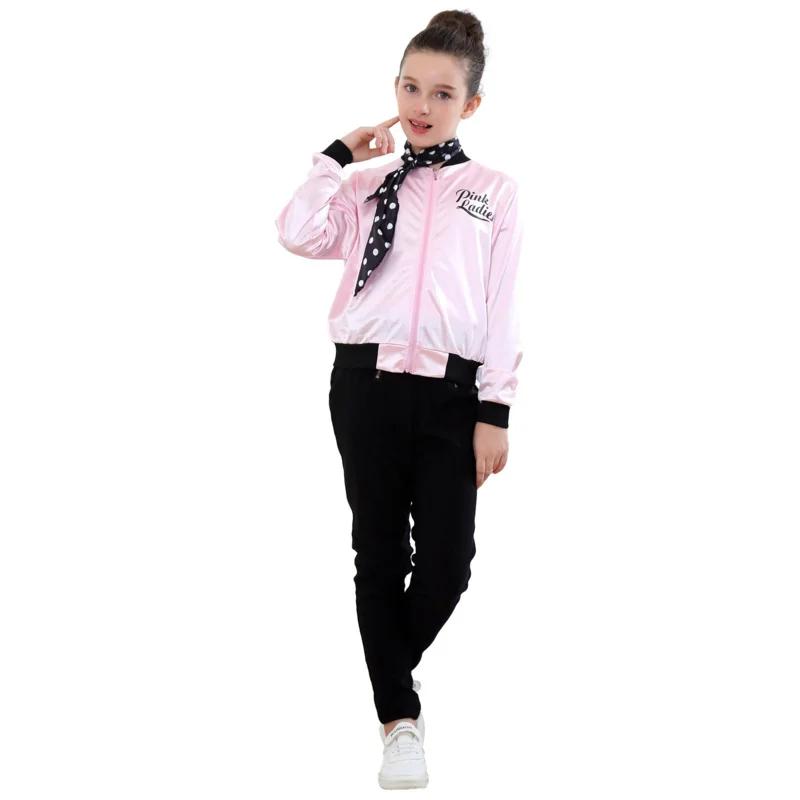 Grease Cosplay Costume The Pink Ladies Gang Girls Jacket Kids Retro Fancy Cheerleader Pink Jacket Coat Autumn Hallow